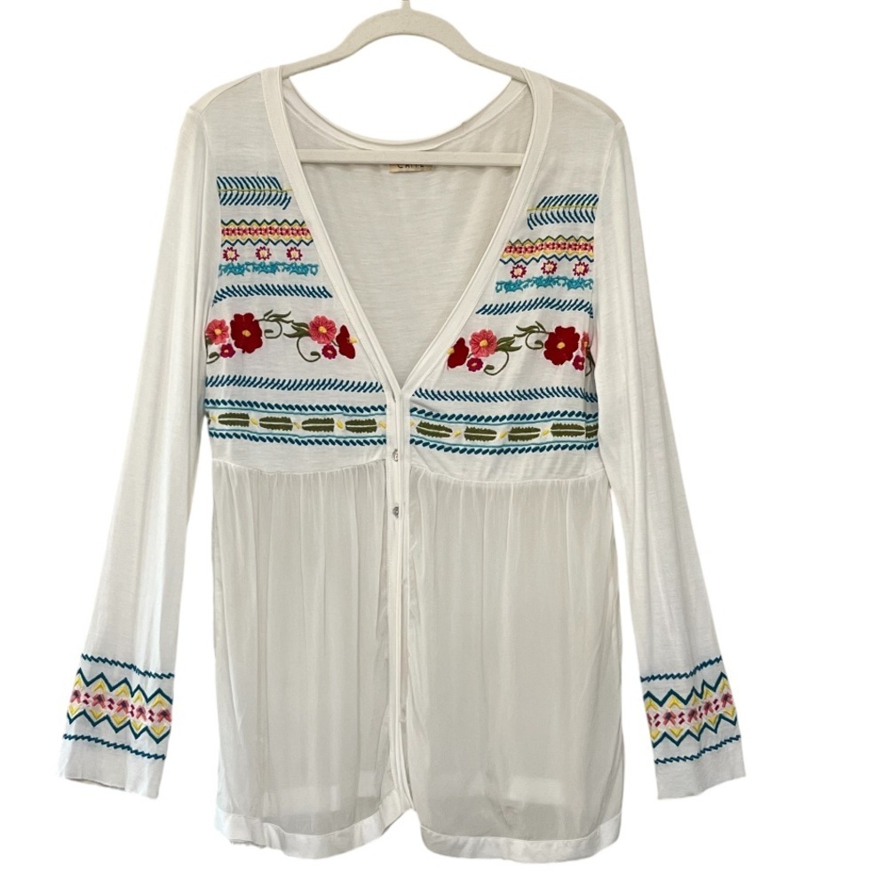 CAITE Embroidered Boho Peplum Blouse V Neck Long Sleeve